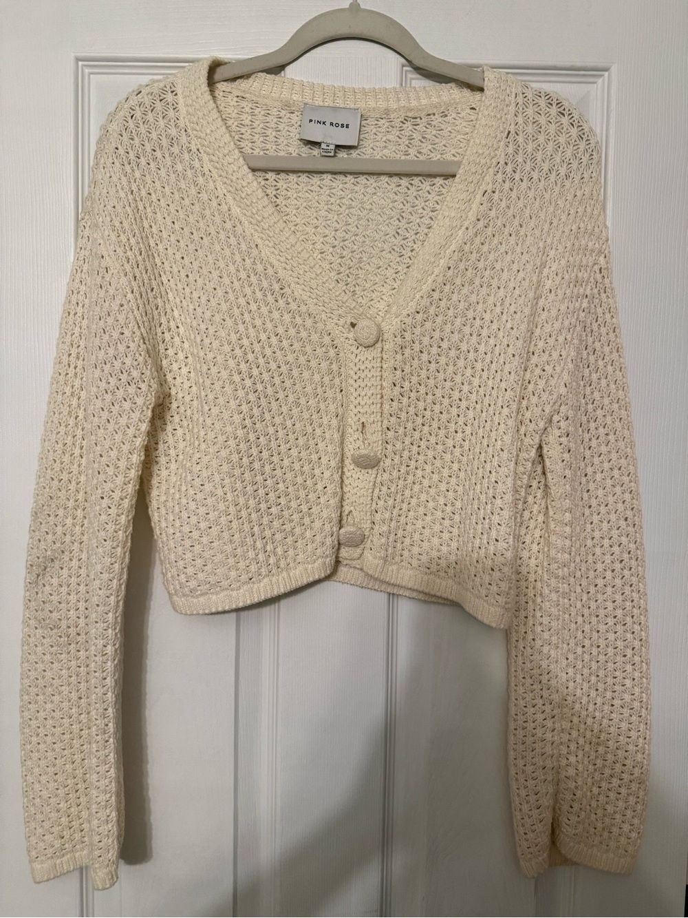 Pink Rose Cream Openwork Cropped Cardigan